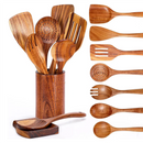 9 Utensílios de madeira para cozinhar com suporte para utensílios de madeira de Teca.