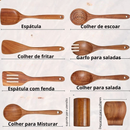 9 Utensílios de madeira para cozinhar com suporte para utensílios de madeira de Teca.
