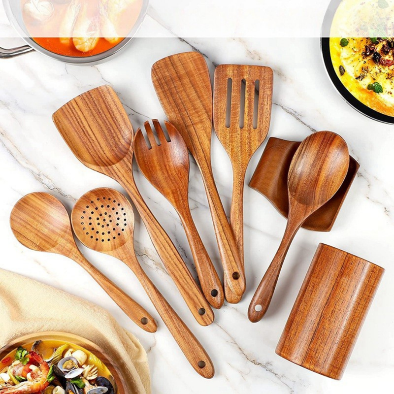 9 Utensílios de madeira para cozinhar com suporte para utensílios de madeira de Teca.