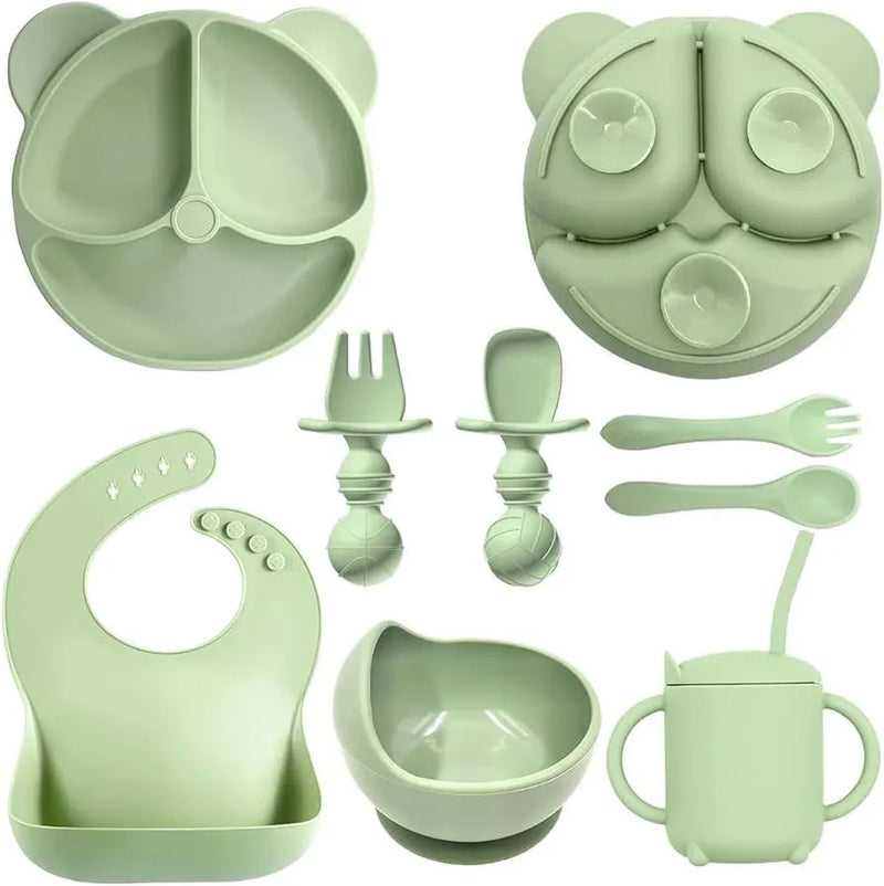 Conjunto Kit POOL de Alimentação para Bebês de Silicone 8 Peças Prato Babador Copo Tigela Talheres Bebê Criança
