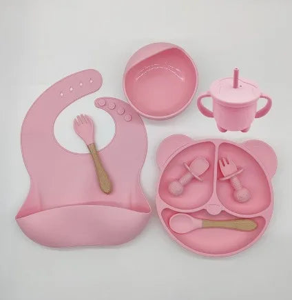 Conjunto Kit POOL de Alimentação para Bebês de Silicone 8 Peças Prato Babador Copo Tigela Talheres Bebê Criança