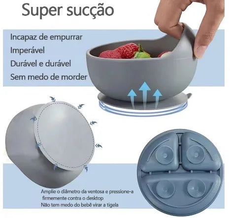 Conjunto Kit POOL de Alimentação para Bebês de Silicone 8 Peças Prato Babador Copo Tigela Talheres Bebê Criança