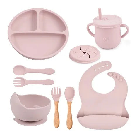 Conjunto Kit POOL de Alimentação para Bebês de Silicone 8 Peças Prato Babador Copo Tigela Talheres Bebê Criança