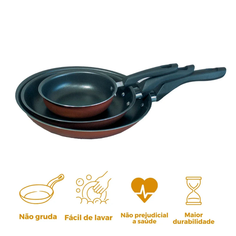 Conjunto de 3 frigideiras antiaderentes Globalflon Teflon com ovos fritos
