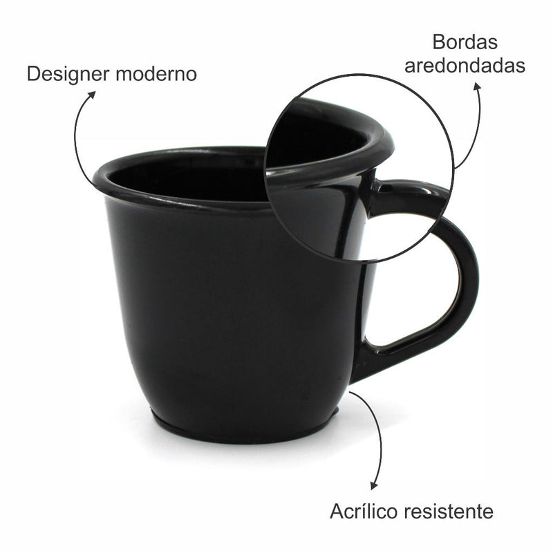 Kit 6 Xícaras Alemã Acrílica Preta Com Bandeja Cantinho do Café