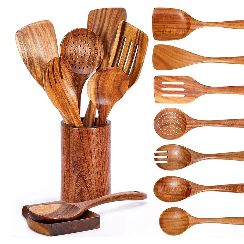 9 Utensílios de madeira para cozinhar com suporte para utensílios de madeira de Teca.