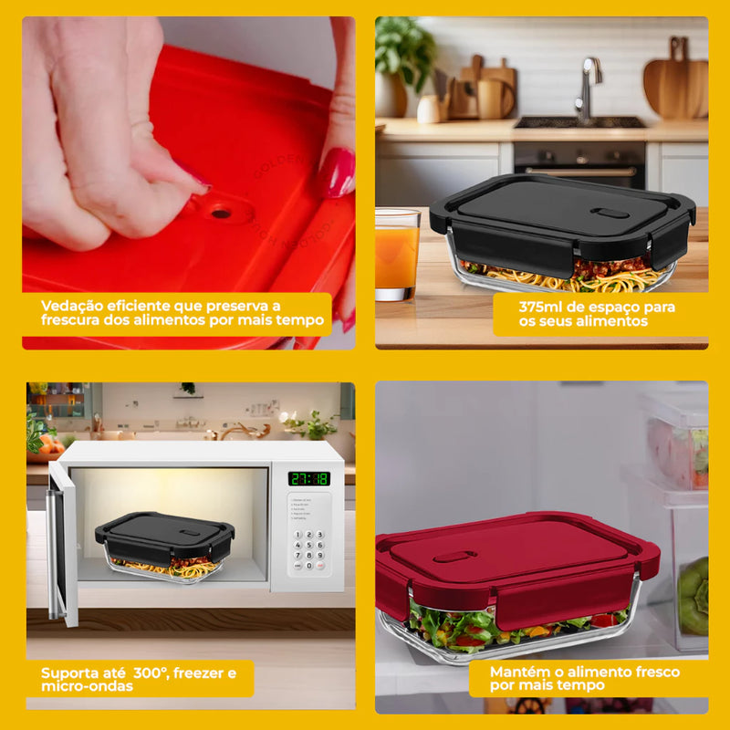 Conjunto de 10 Marmitas Prêmio Hermético Vidro 4 Travas 375ml Retangular Vermelho